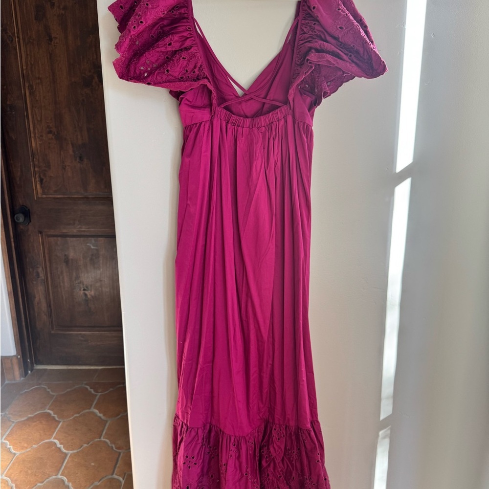 En Saison Eyelet Puff Sleeve Midi Dress M Magenta Cottagecore Romantic - Picture 5 of 10